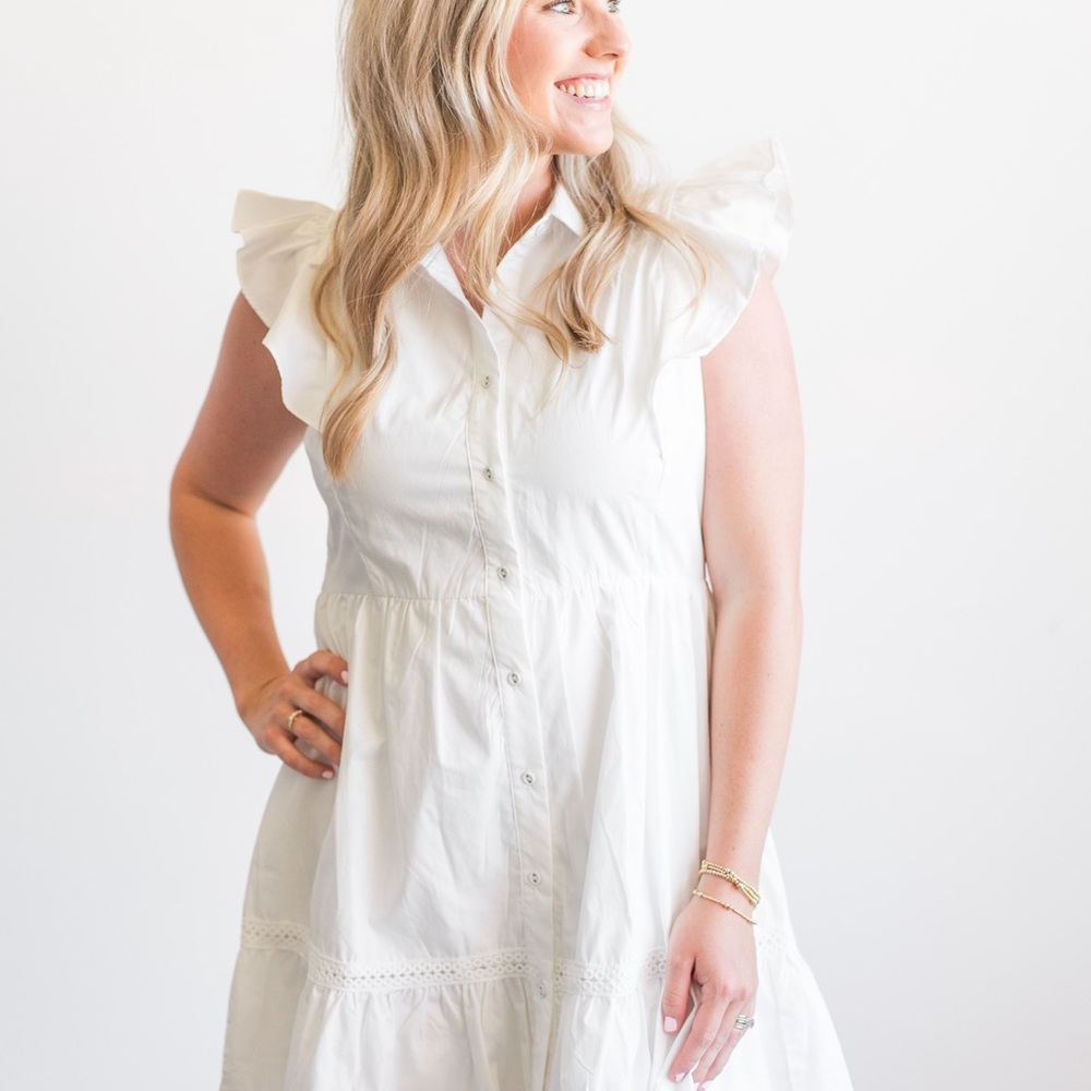 Elegant White Ruffle Sleeve Dress — NWT!!! Great for brides!!